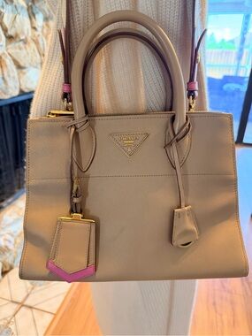 Prada Paradigme Beige Saffiano Leather Tote with Pink Accent